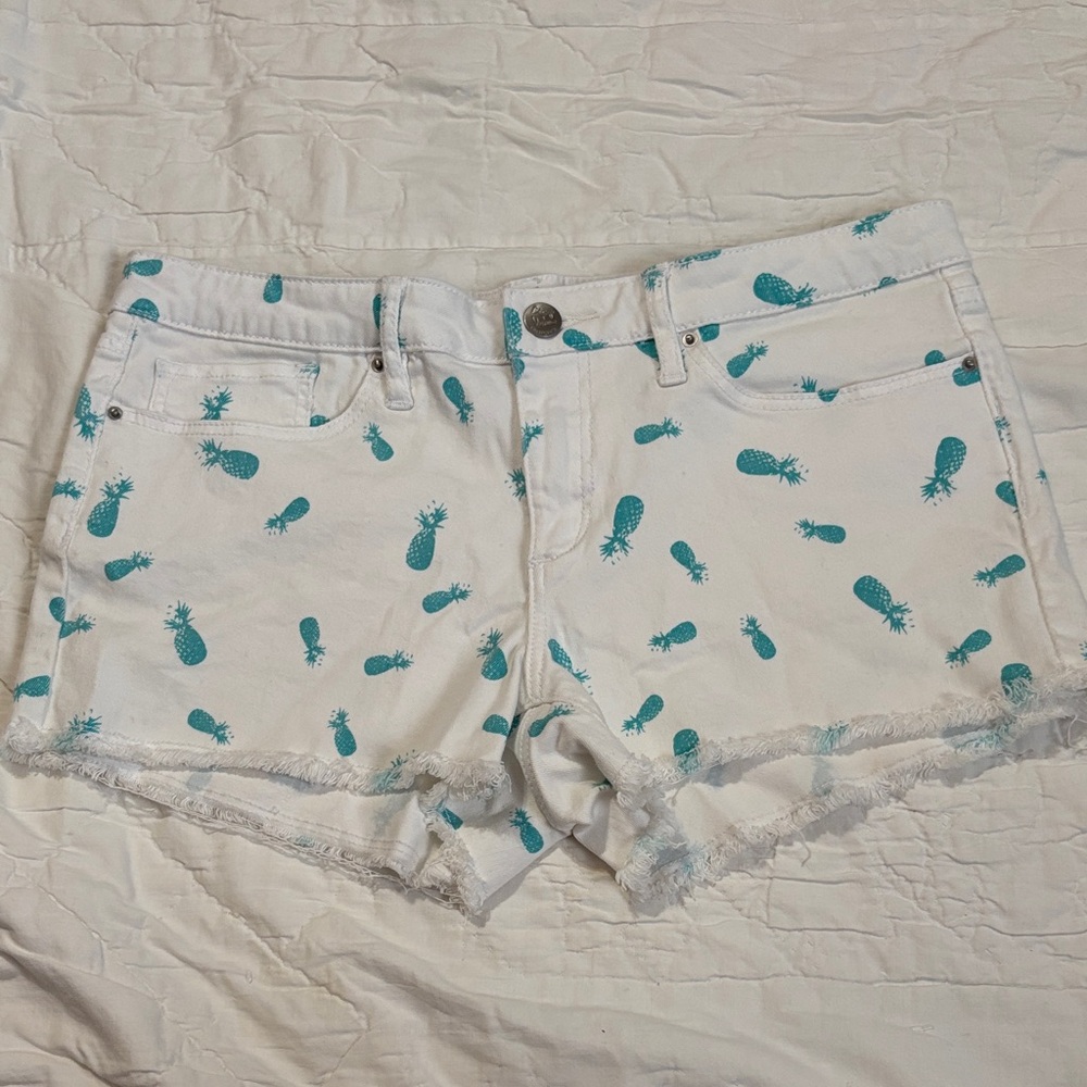 Chip &Pepper Aqua and White Jean Shorts with Playful Pineapple Print